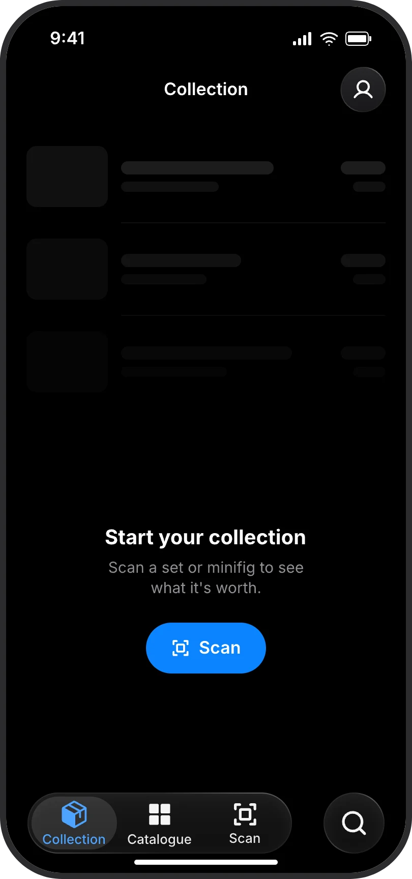BrickPal Collection screen, empty, with a Scan button