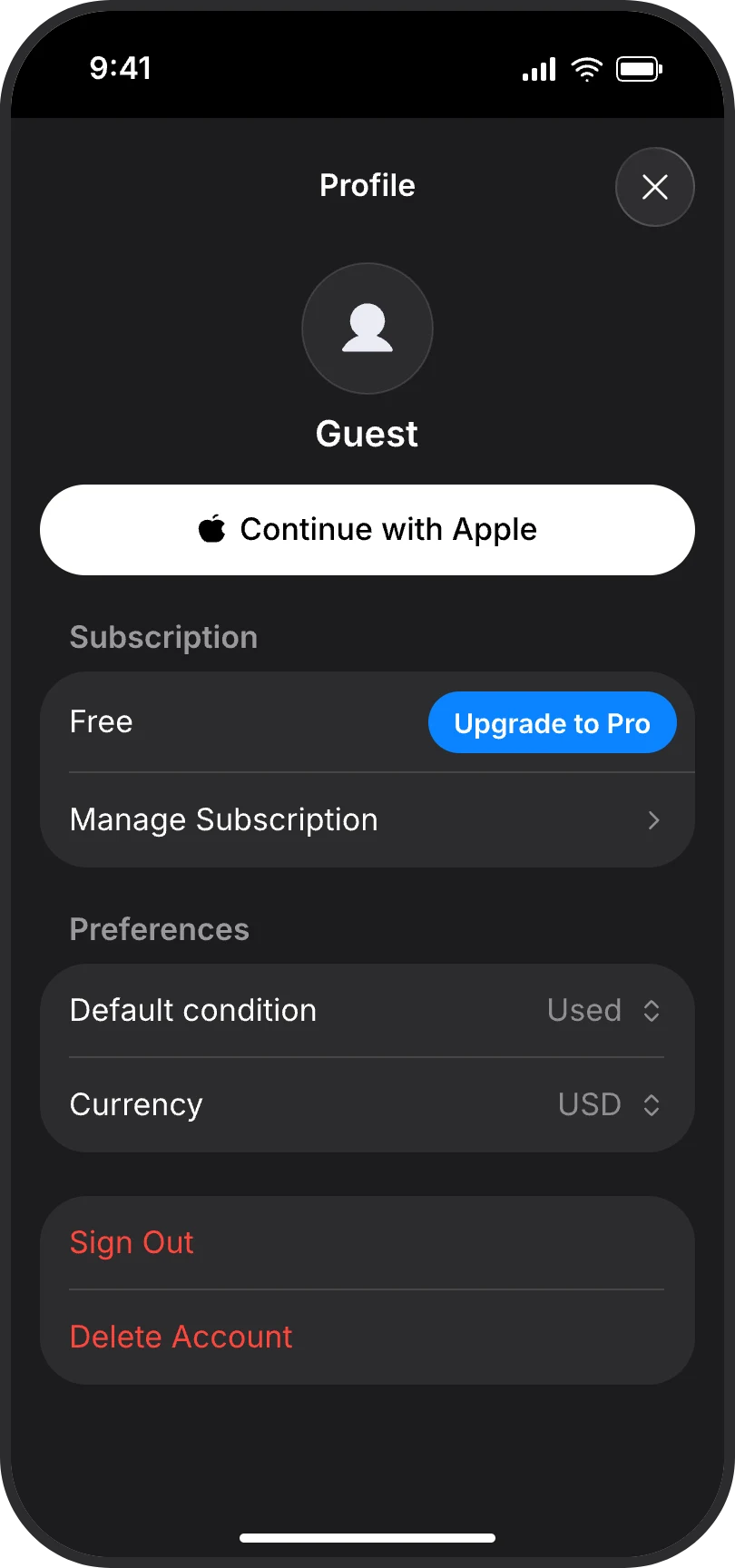BrickPal Profile screen with subscription and preferences