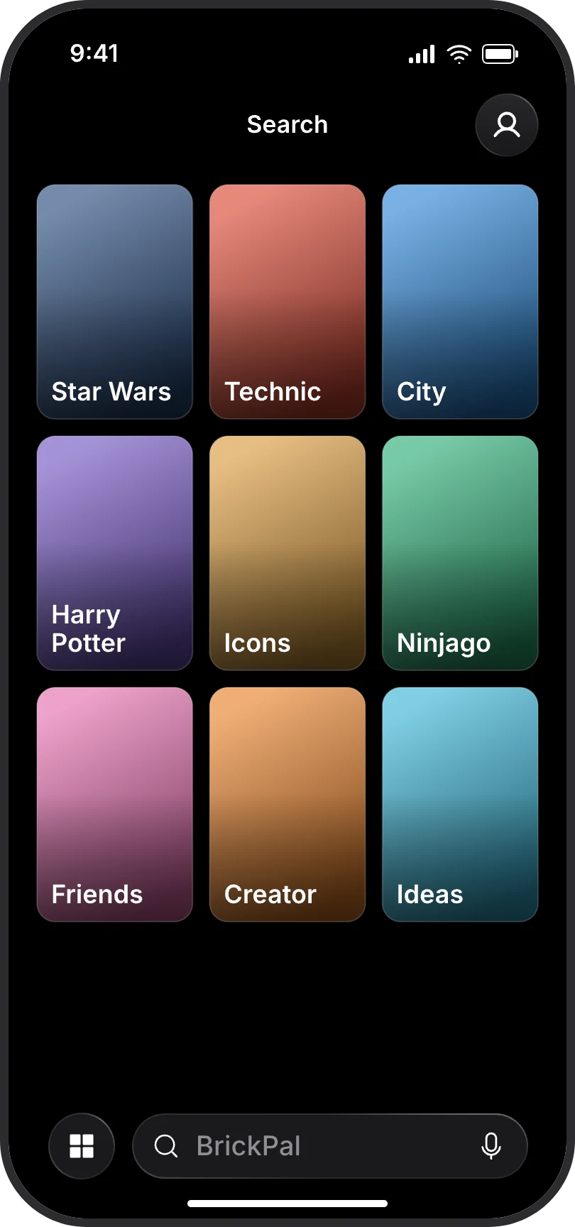 BrickPal Search screen showing a grid of themes